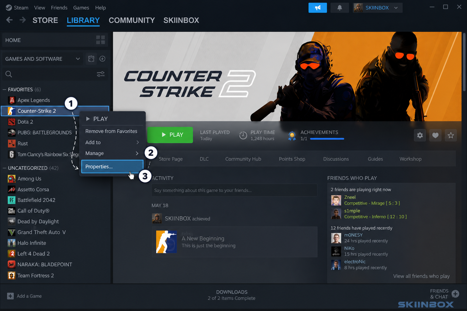 Steam library CS2 right click